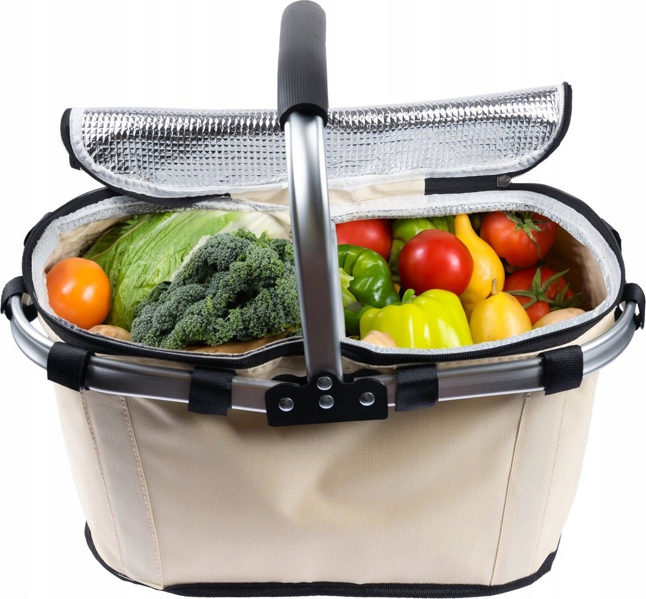 SKŁADANY KOSZYK TERMICZNY PIKNIKOWY NA ZAKUPY, PLAŻĘ Z 1 UCHWYTEM - WODOODPORNY, BEŻOWY