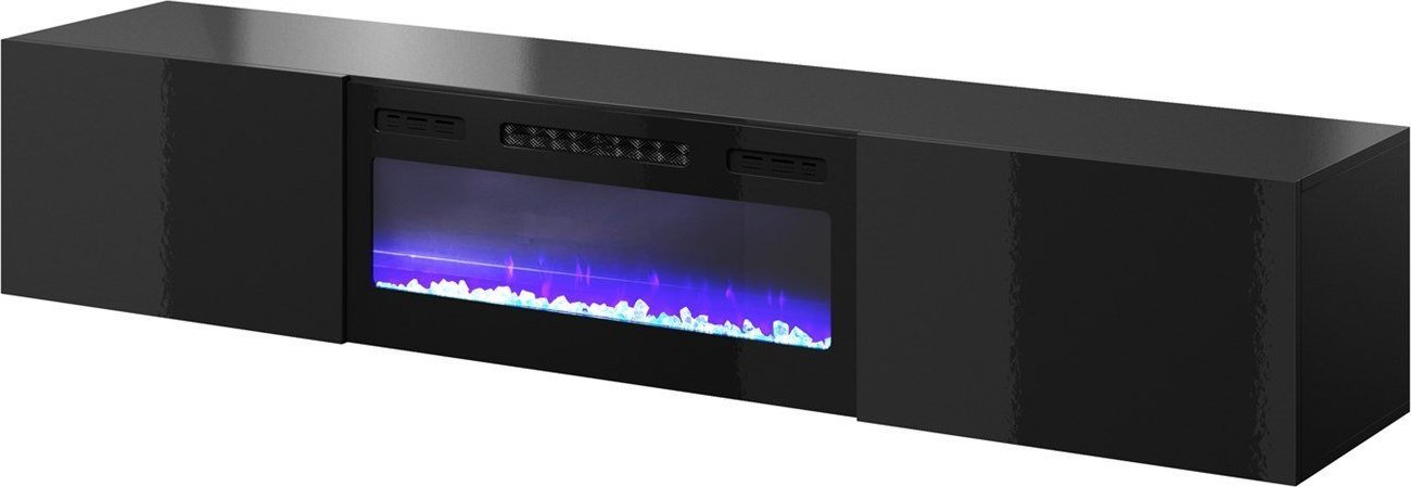 Cama Meble Szafka RTV SLIDE 200K z kominkiem elektrycznym 200x40xH37 cała w czarnym połysku