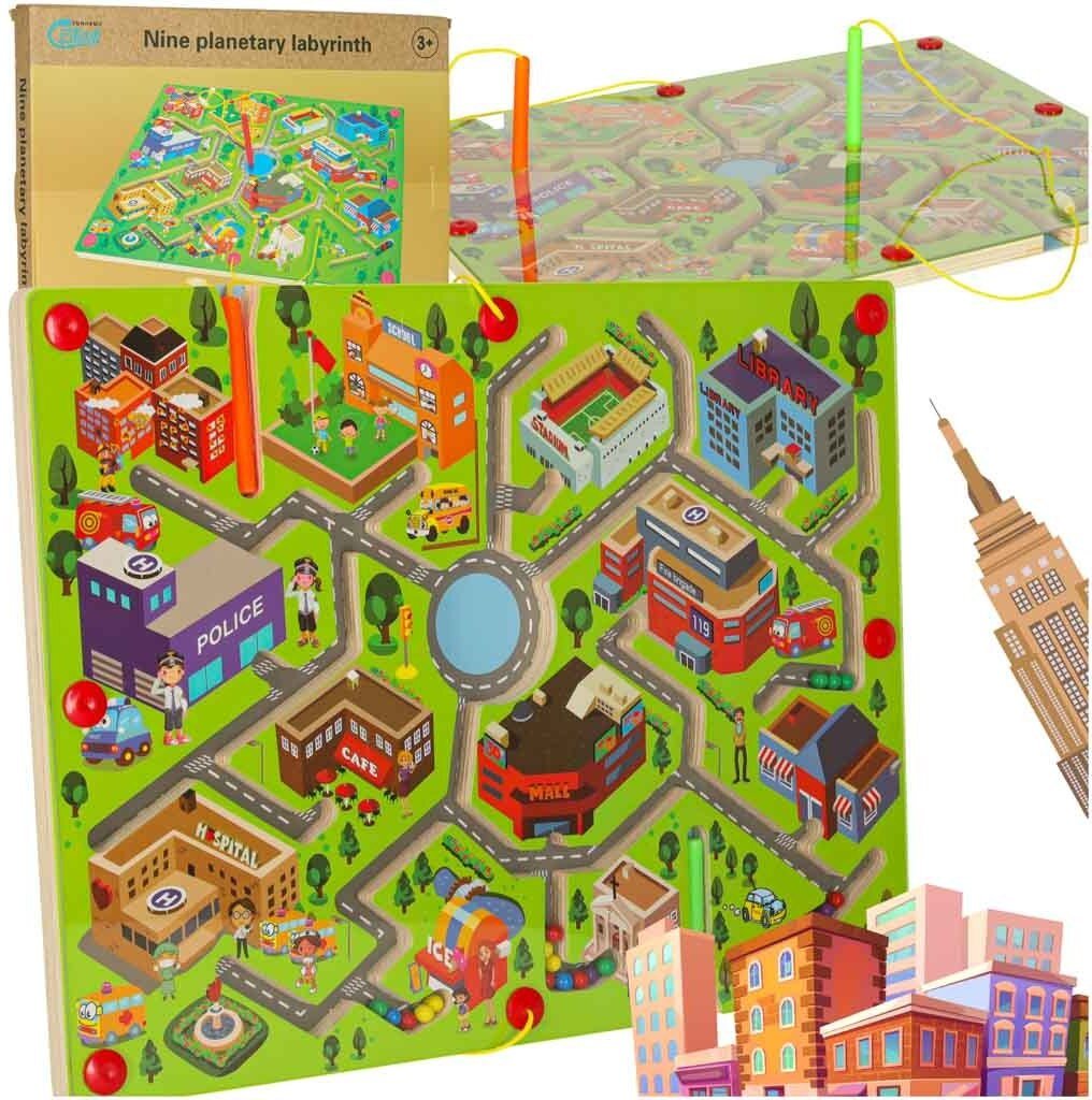 Gra labirynt magnetyczna planszowa drewniana do podróży duże miasto 2 graczy Kik Sp. z o. o. Sp. k.
