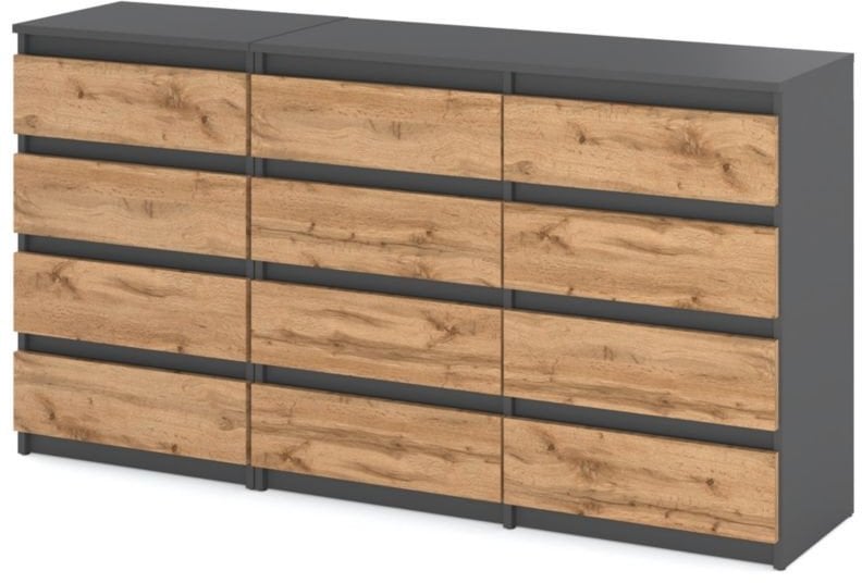 Komoda 12 Szuflad Szafka Loft Młodzieżowa Do Salonu Szary Mat Dąb Wotan