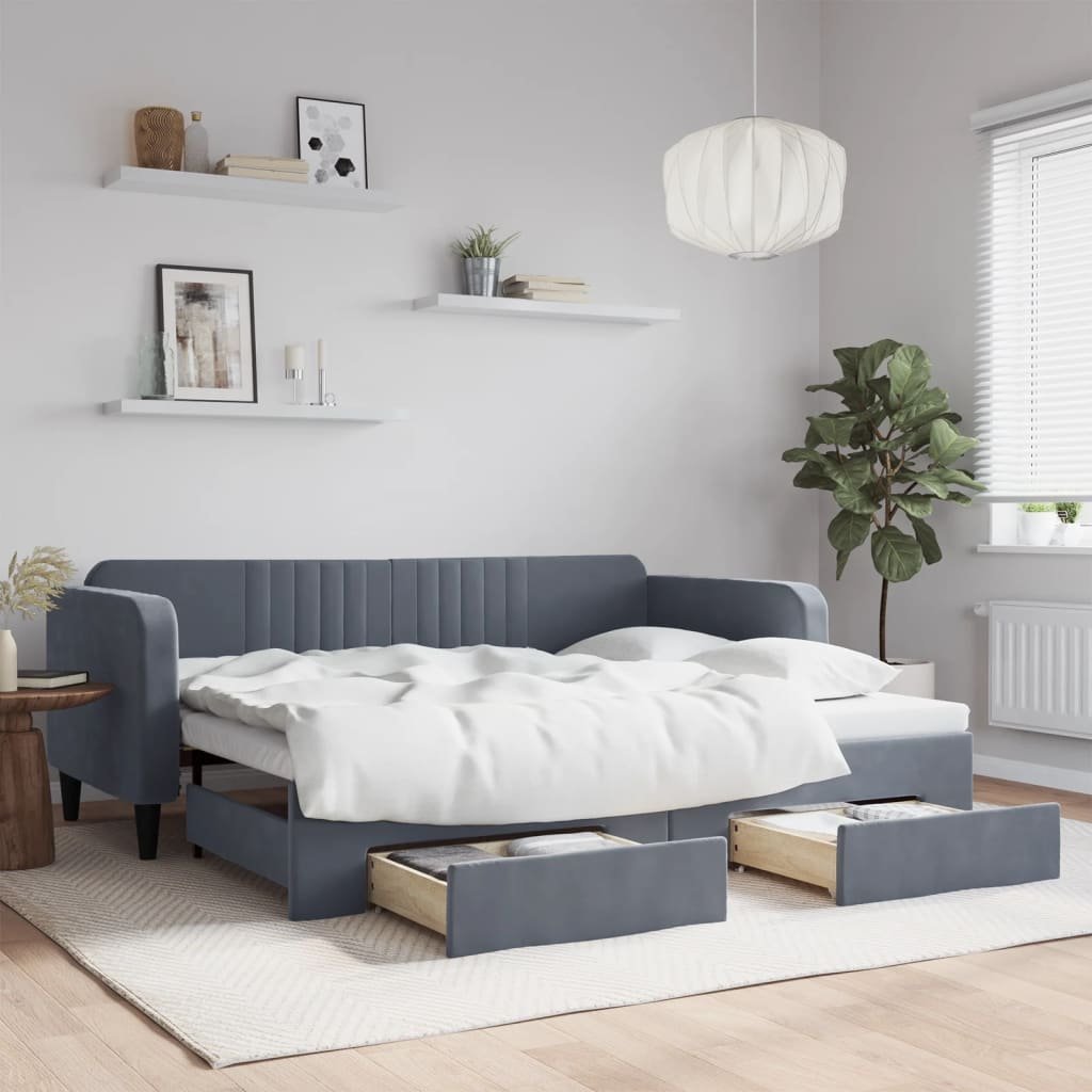 vidaXL Sofa rozsuwana z szufladami, ciemnoszara, 90x200 cm, aksamit