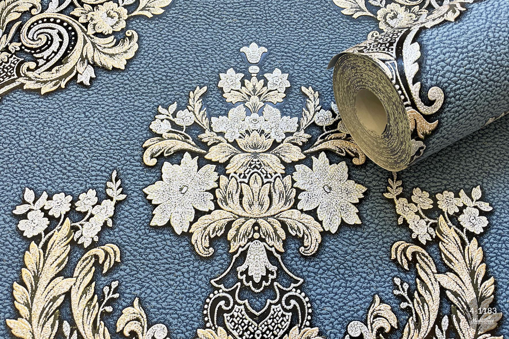 MallDeco TAPETA WINYLOWA MODEL SARDONE SREBRNO-NIEBIESKO-ZŁOTA DEKORACJA
