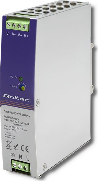 Qoltec Przemysłowy zasilacz na szynę DIN 12V 75W 6.3A
