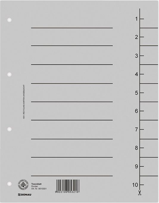 Donau Przekładka DONAU, karton, A4, 235x300mm, 1-10, 1 karta, szara