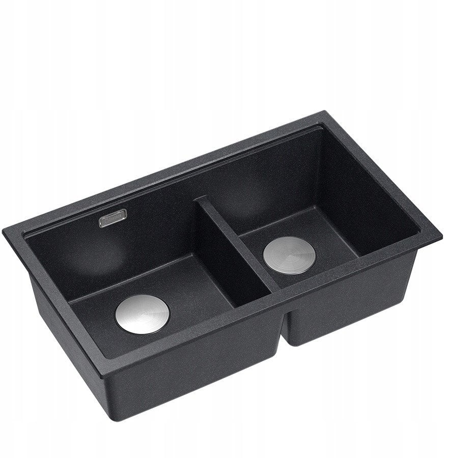 QUADRON | LOGAN 120 | granitowy zlewozmywak kuchenny BLACK DIAMOND + STAL | wymiar: 76 x 45 x 23,5 cm | 2-komorowy podwieszany | podbudowa szafki od: