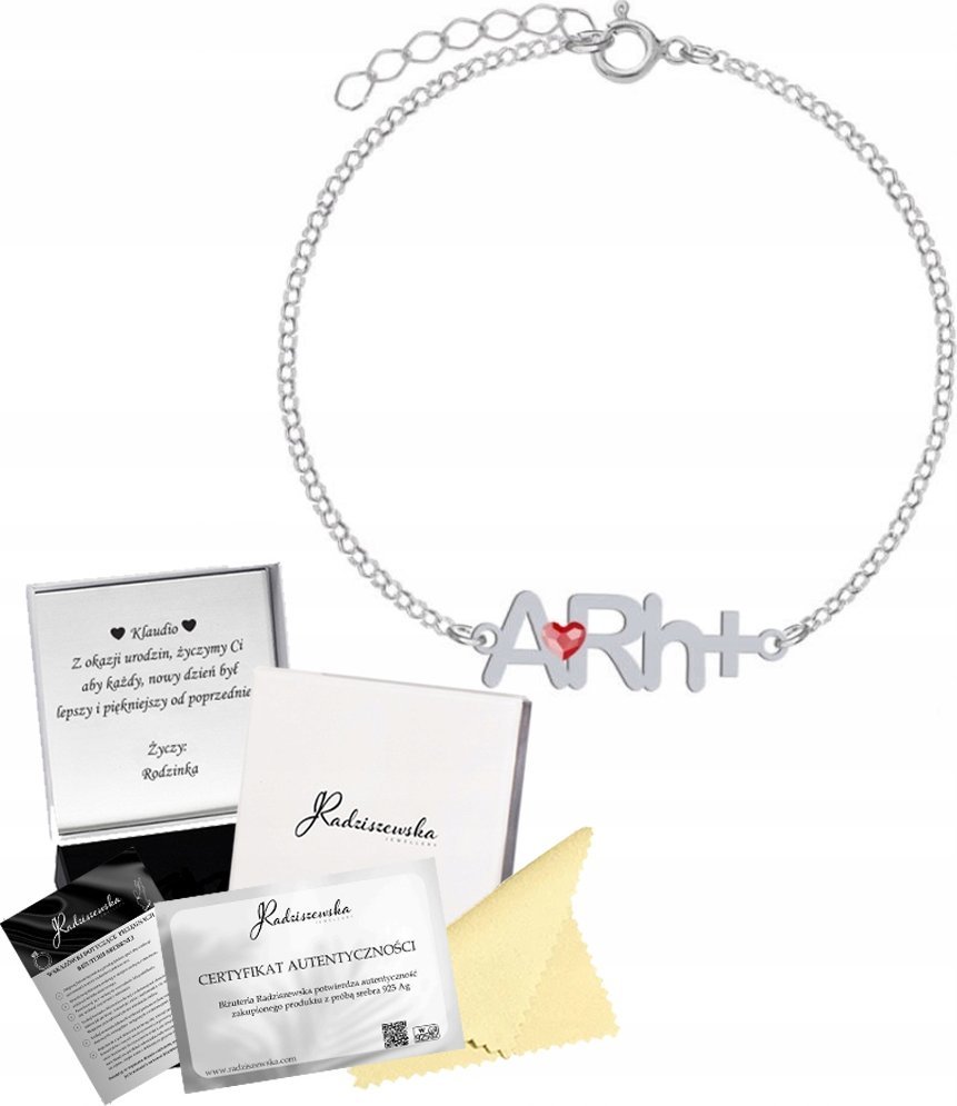 Radziszewska Jewellery BRANSOLETKA SREBRNA Z GRUPĄ KRWI KRYSZTAŁ SREBRO 925 PREZENT ŻYCZENIA