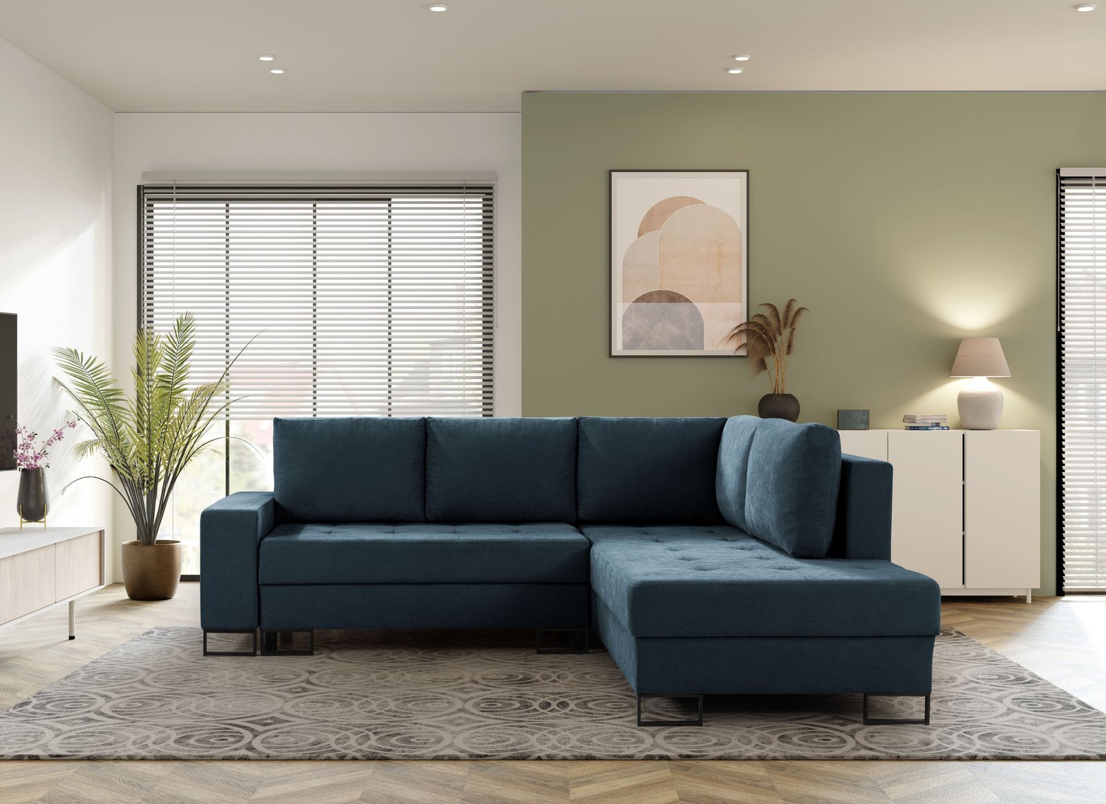 Narożnik TREVI prawostronny Wind 77 ciemny niebieski granatowy szenil funkcja spania