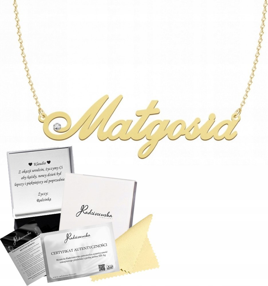 Radziszewska Jewellery ZŁOTY NASZYJNIK Z IMIENIEM MAŁGOSIA SREBRO 925 PREZENT ŁAŃCUSZEK DEDYKACJA