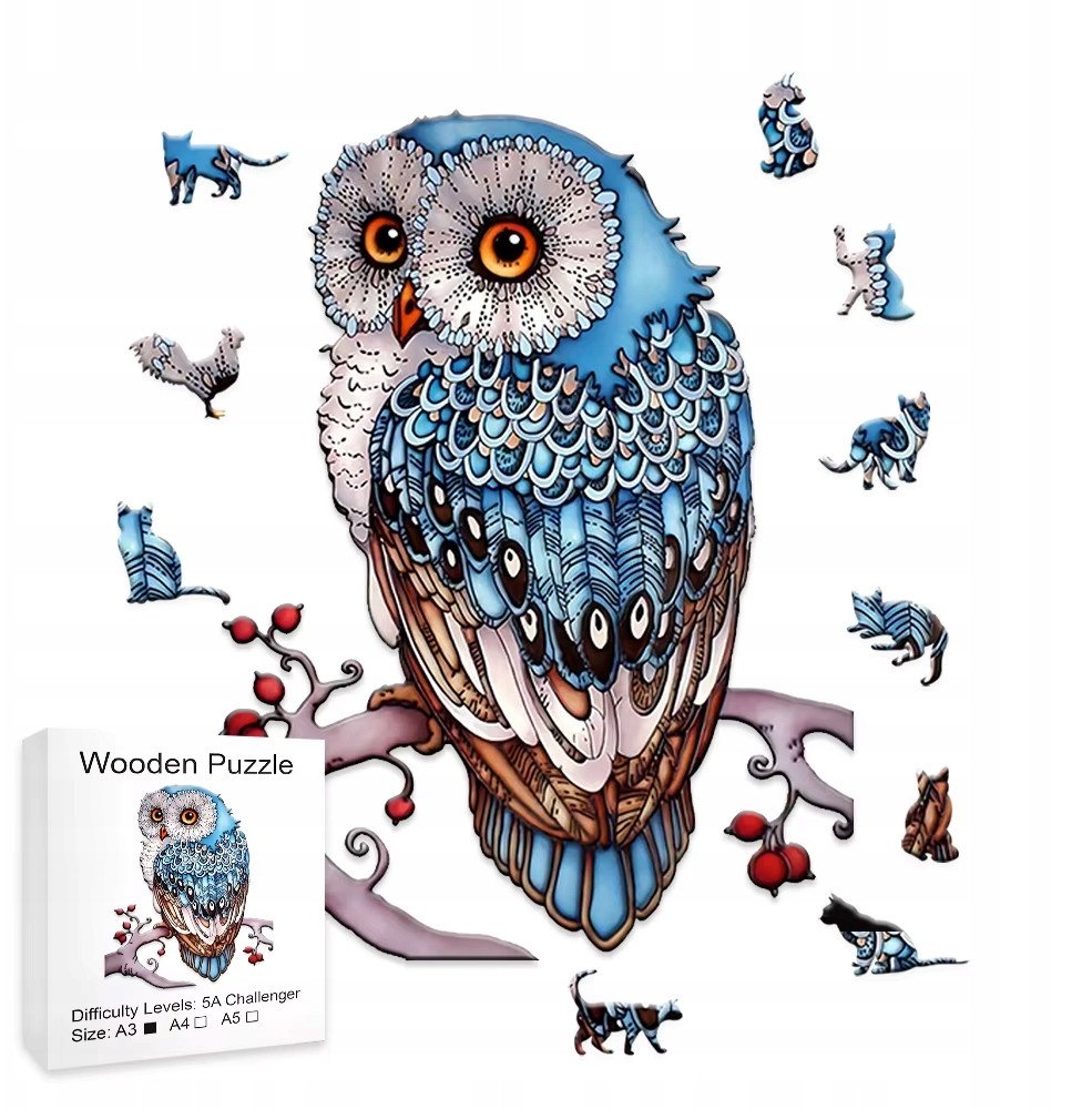 Puzzle Drewniane Wooden A3 dla dzieci i dorosłych 180 el. Sowa Niebieska