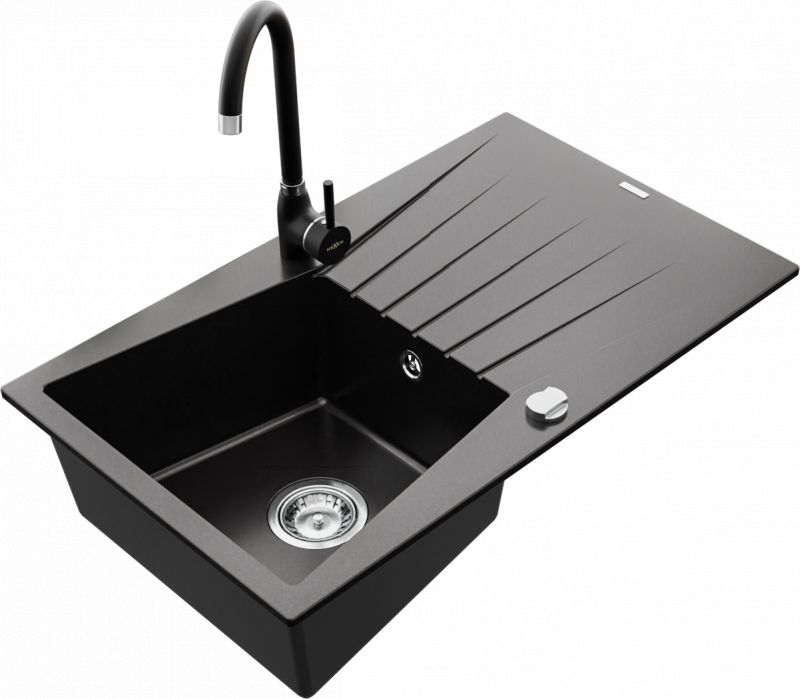 Zlewozmywak Mexen Mexen Cesar zlewozmywak granitowy 1-komorowy z ociekaczem i baterią kuchenną Telma, czarny - 6514-77-670200-70