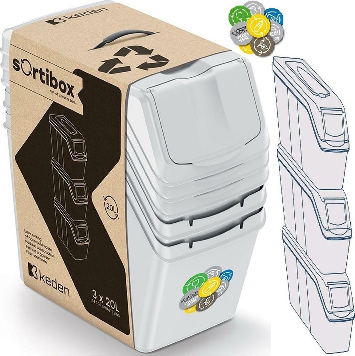 Prosperplast ŚMIETNIK KOSZE NA ŚMIECI 20 L SORTIBOX SET3 SZT. POPIELATY