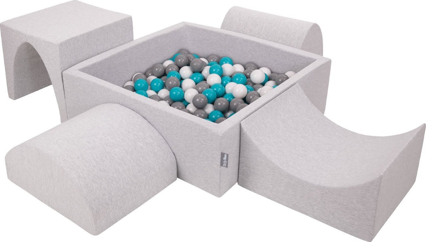 KiddyMoon KiddyMoon Piankowy plac zabaw PPZP-KW30D-135 z piłeczkami jasnoszary: szary-biały-turkus basen 300/górka/tunel/rampa L/półwałek L Zabawka pl