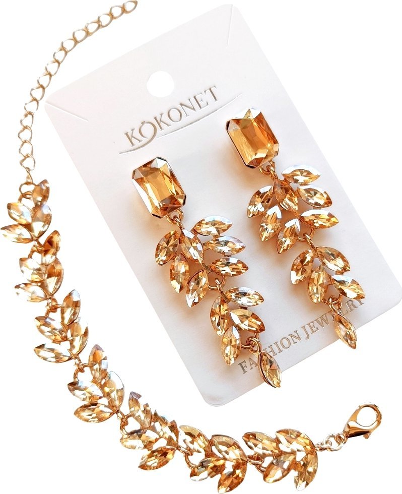 komplet biżuterii szampańskie cyrkonie champagne złoty kolczyki bransoleta