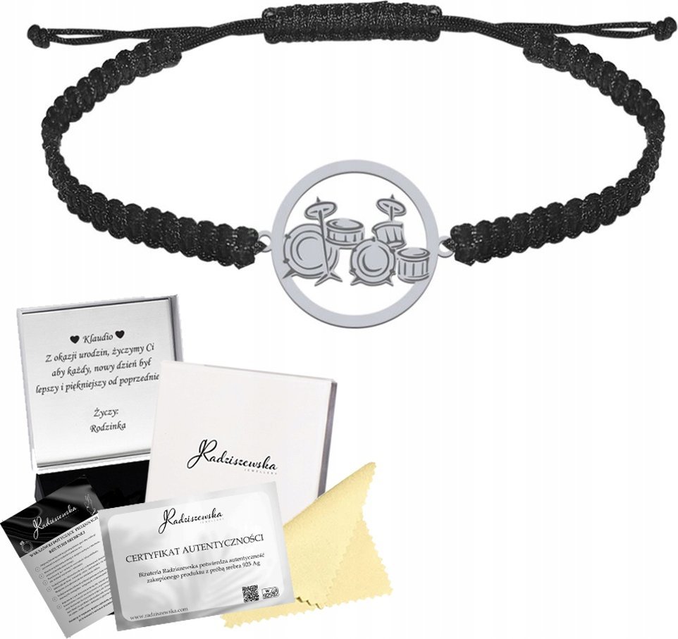Radziszewska Jewellery Bransoleta Męska Perkusja Sznurek Srebro 925 Prezent Biżuteria GRAWER