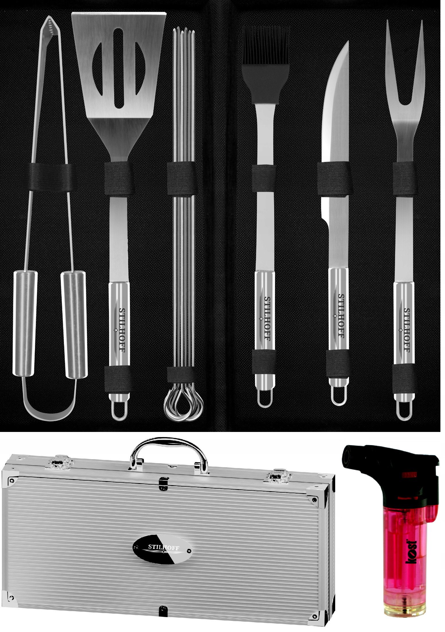 Zestaw akcesoria do GRILLA STILHOFF sztućce przybory 11szt 9+walizka+palnik