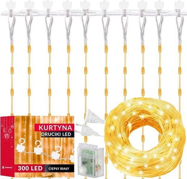 Lampki choinkowe Springos Kurtyna świetlna 300 led girlanda, lampki wewnętrzno-zewnętrzne sople biały ciepły + flash UNIWERSALNY