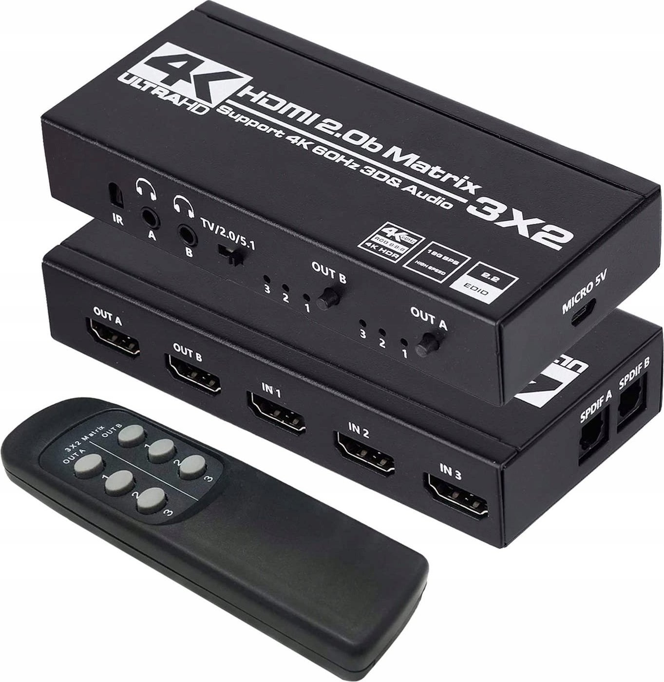 Pawonik MATRIX HDMI 2.0 3X2 SWITCH SPLITTER EKSTRAKT SPDIF