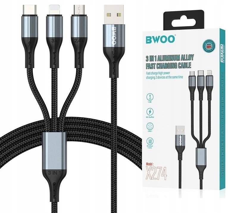 BWOO kabel 3w1 USB - USB-C, Lightning, Micro USB 1m 3A X274 czarny