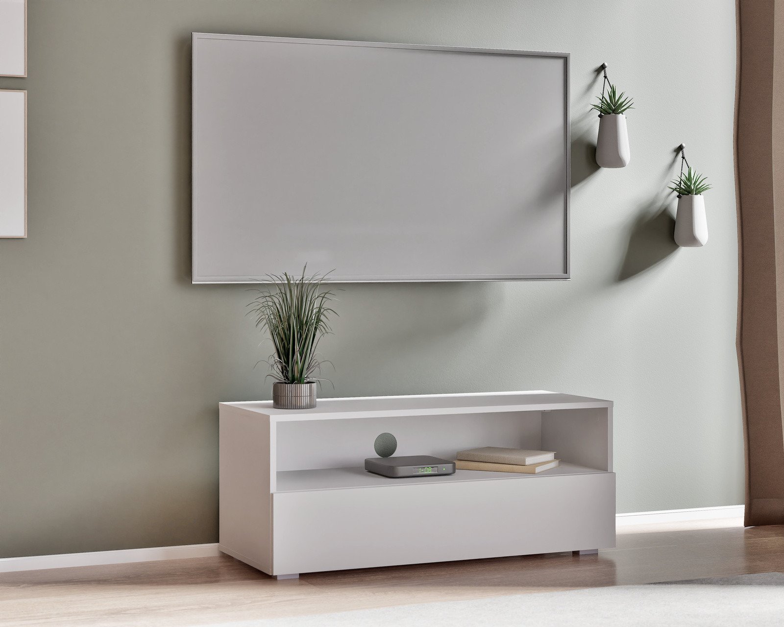 Biała szafka RTV Tebris 100 cm w minimalistycznym stylu