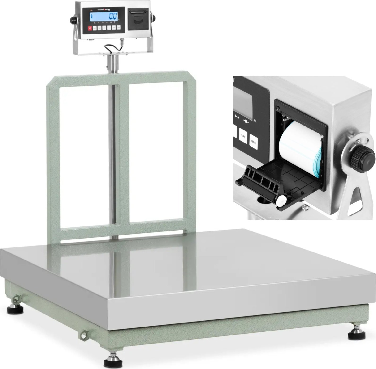 Steinberg Waga platformowa z drukarką etykiet LCD 100 x 100 cm 600 kg / 50 g Waga platformowa z drukarką etykiet LCD 100 x 100 cm 600 kg / 50 g