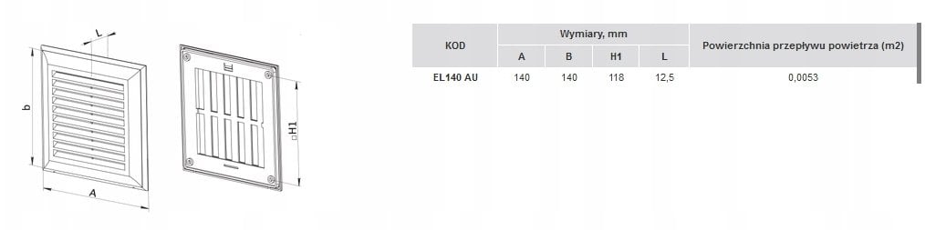 Kratka wentylacyjna 140x140mm z siatką bez kołnierza biała EL140AU