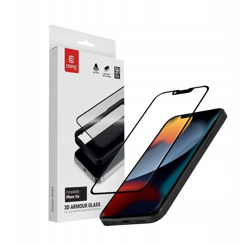 Crong 3D Armour Glass - Szkło hartowane iPhone 16e / iPhone 14 / iPhone 13 / iPhone 13 Pro + ramka instalacyjna