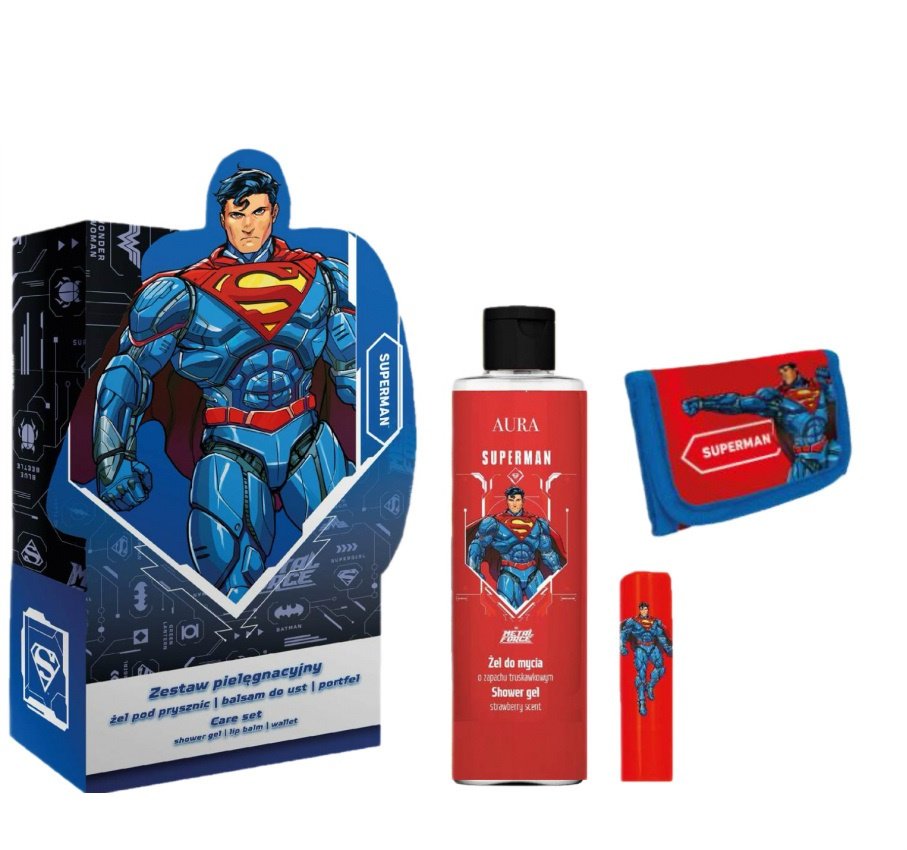 Aura Superman zestaw żel pod prysznic 200ml + balsam do ust 3.8g + portfel