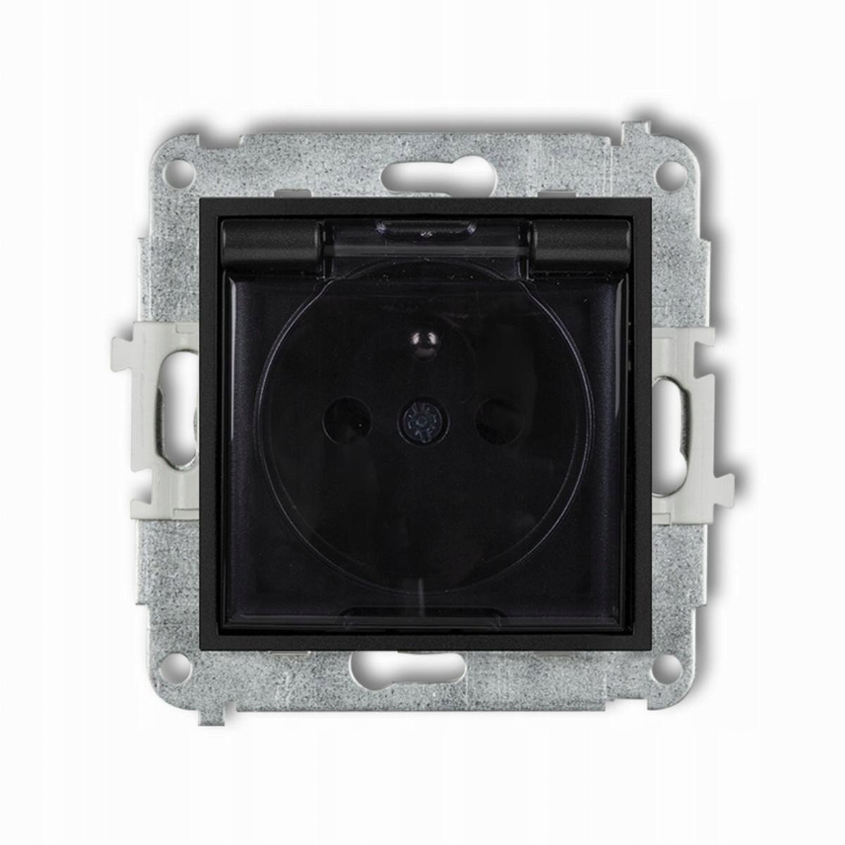 Gniazdo bryzgoszczelne Karlik Icon 12IGPB-1zdp z uziemieniem 2P+Z klapka dymna, przesłony torów prądowych czarny mat