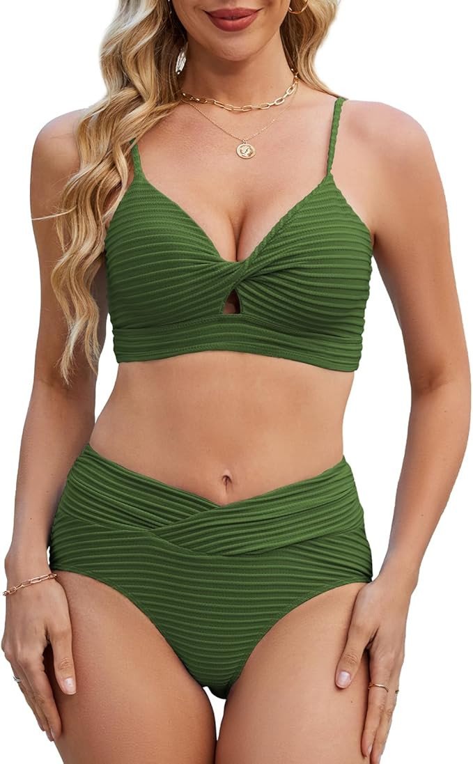 Strój kąpielowy Gorglitter dwuczęściowy damski "XL" oliwkowy prążek.