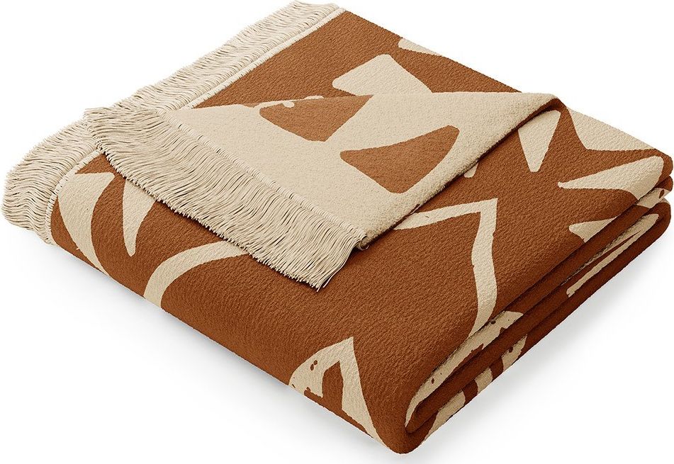 AmeliaHome Koc bawełniany 150x200 Zaria Navajo miedziany beżowy motyw indiański frędzle AmeliaHome