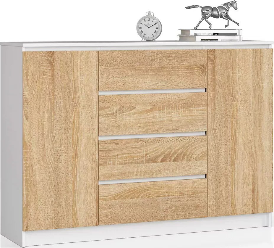 Elior Skandynawska komoda do salonu biały + dąb sonoma - Karius 3X 140 cm