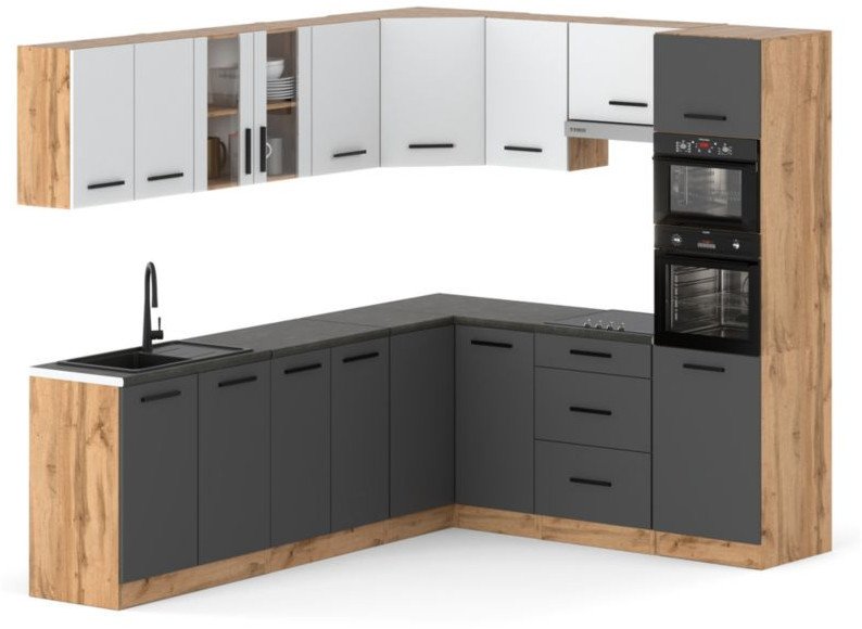 Kuchnia Zestaw Z Blatem Narożny Modułowy Marra 4.6m Wotan Biała Szara Mat