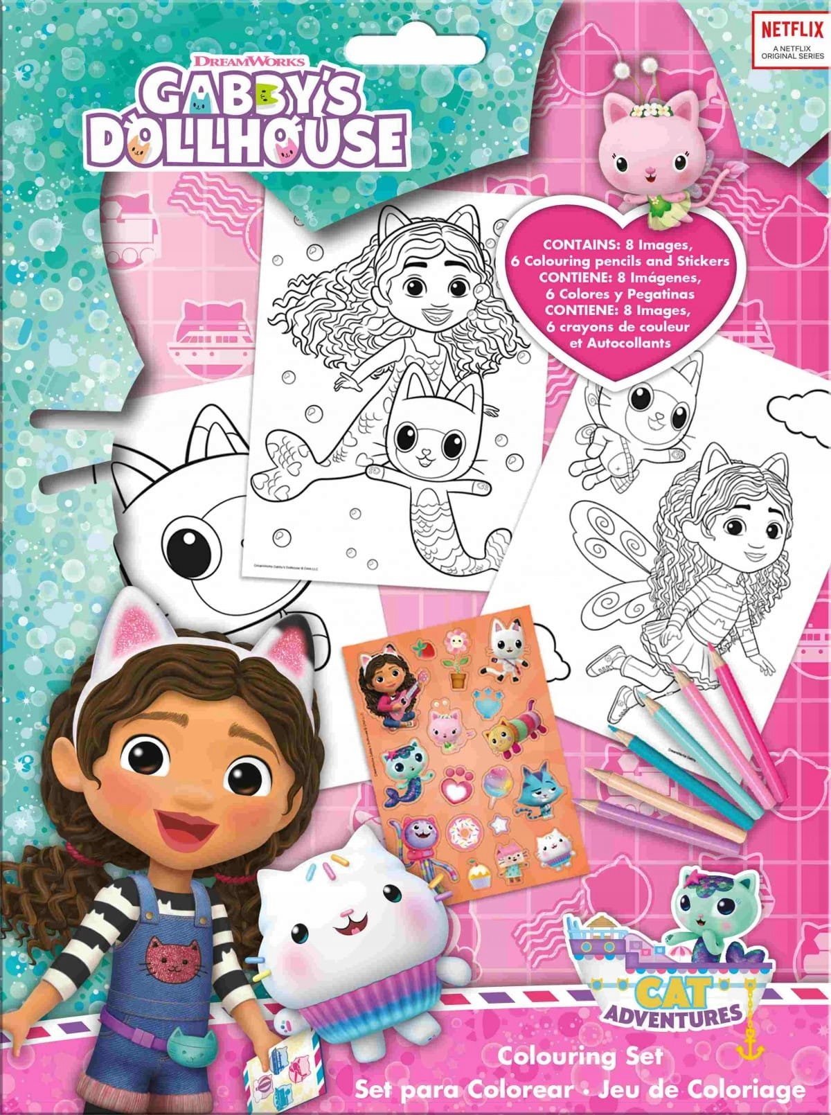 Kids Euroswan Zestaw do kolorowania + 6 kredek + naklejki Koci Domek Gabi. Gabby's Dollhouse GD00082 Kids Euroswan