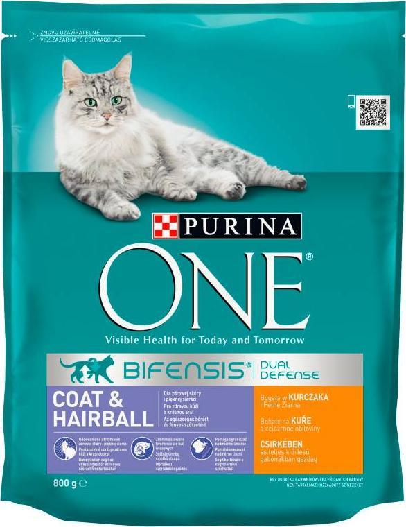Purina PURINA ONE COAT & HAIRBALL PEŁNOPORCJOWA KARMA DLA DOROSŁYCH KOTÓW BOGATA W KURCZAKA I ZIARNA 800 G 12300882