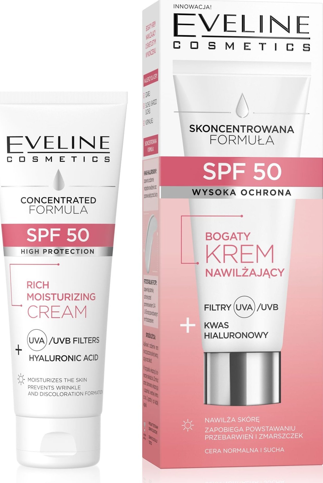 Eveline EVELINE SPF 50 Bogaty Krem nawilżający Filtry+Kwas Hialuronowy do cery normalnej i suchej 30 ml