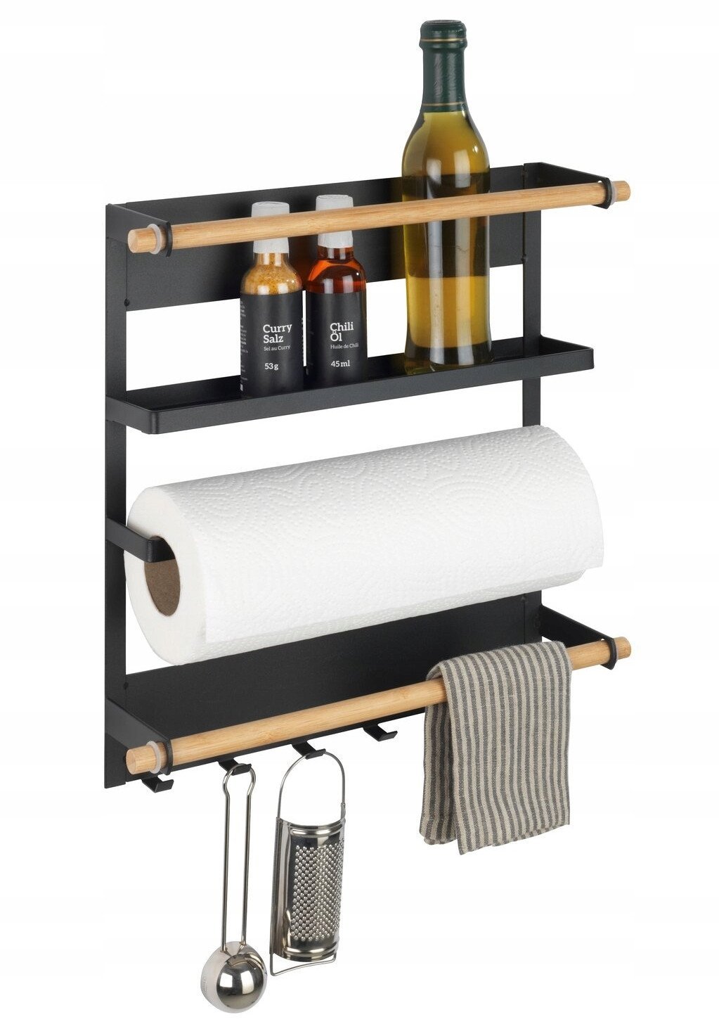 Wielofunkcyjna półka kuchenna MAGNA z uchwytem na ręcznik papierowy i haczykami, montaż bez wiercenia, WENKO