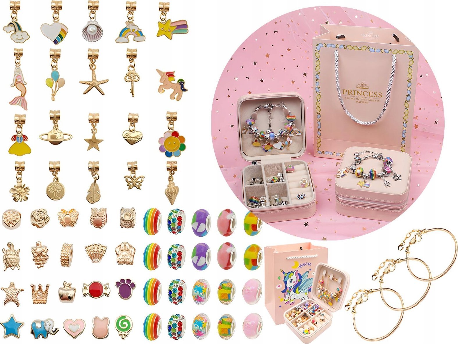 Zestaw Do Tworzenia Robienia Biżuterii, Bransoletek, Charmsy, Zawieszki, Koraliki TĘCZOWE KOLORY