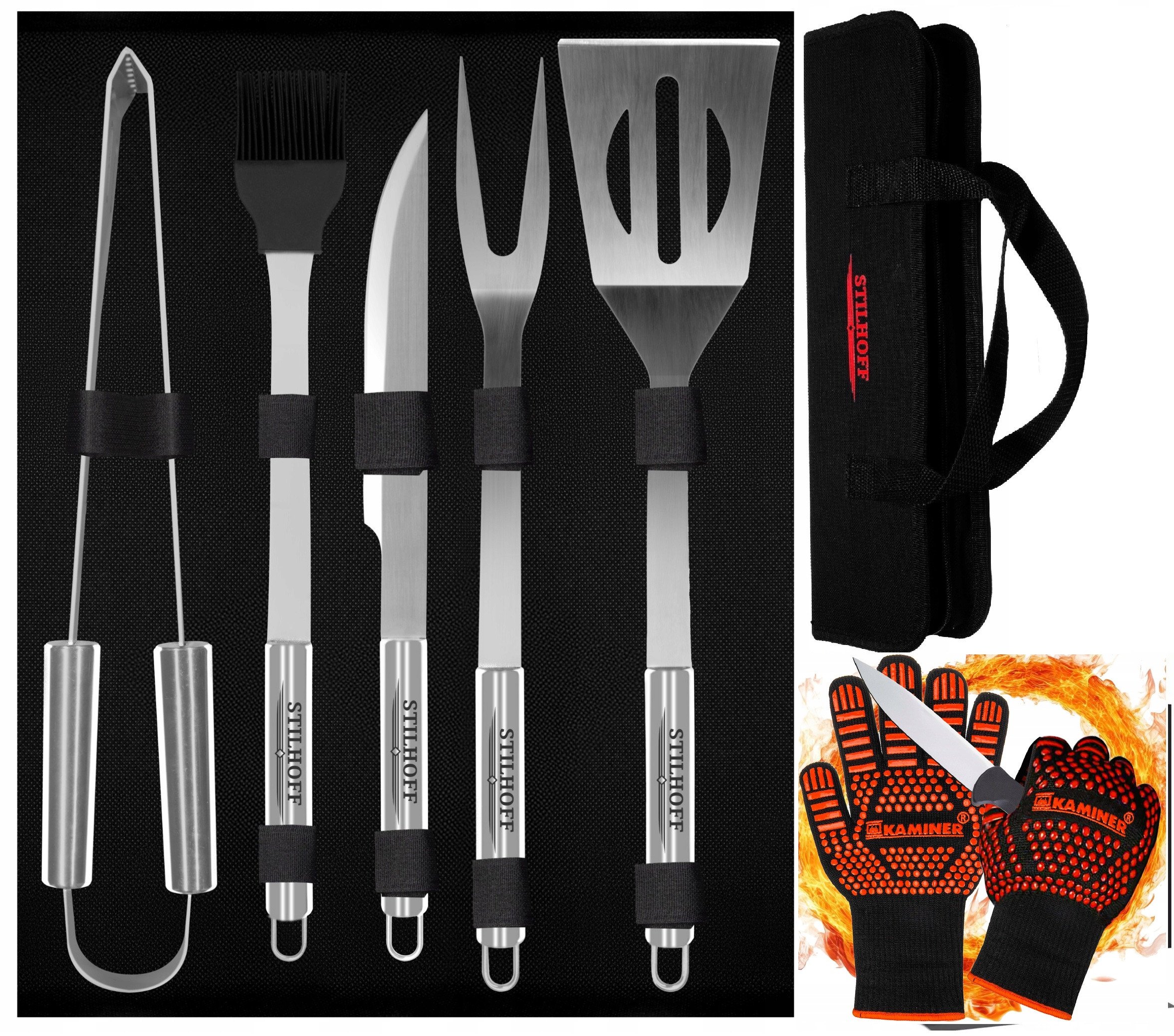 Zestaw akcesoria do GRILLA STILHOFF sztućce przybory 7szt 5+ETUI+RĘKAWICE