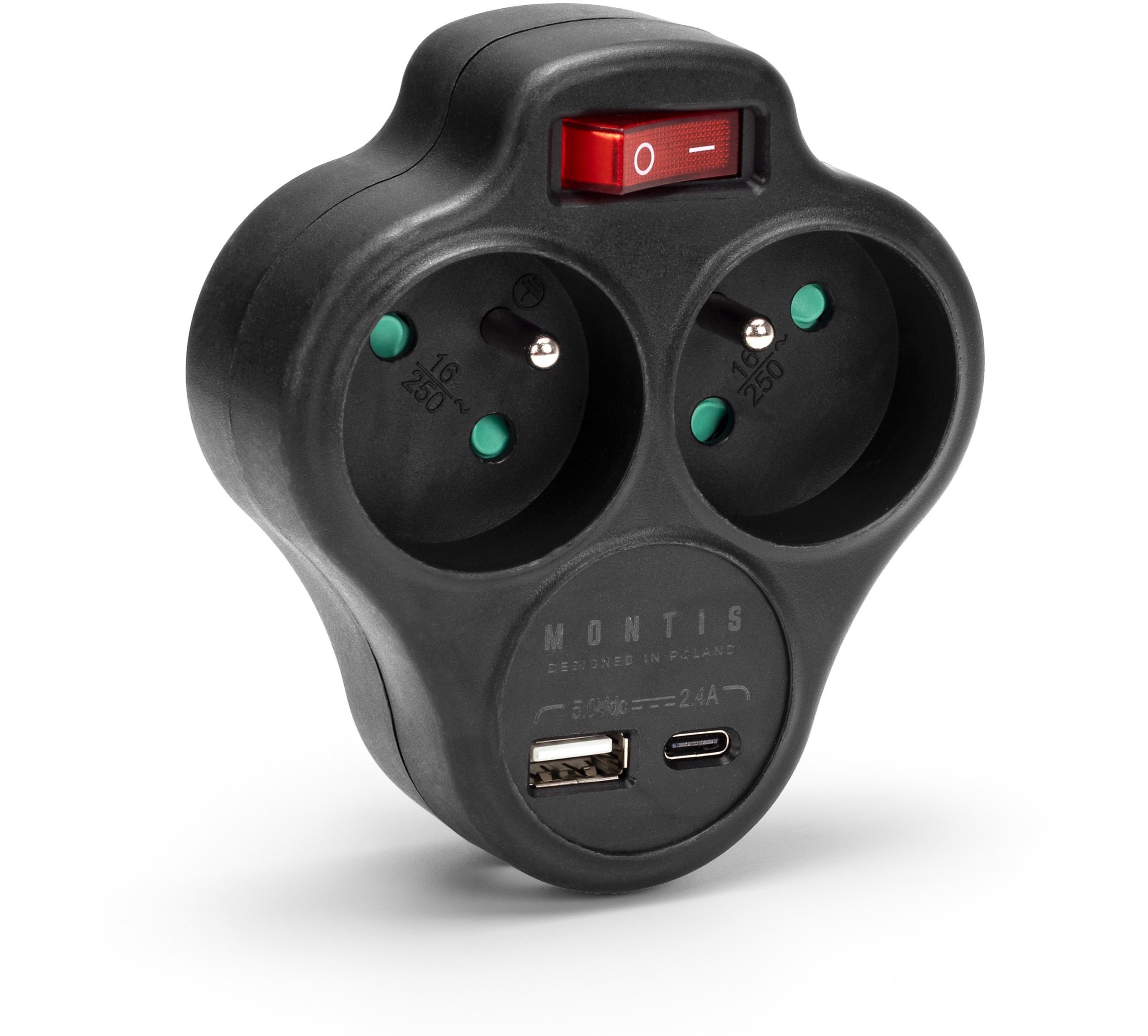 Rozgałęźnik sieciowy podwójny z wyłącznikiem + USB-A + USB-C MONTIS MT144-BK czarny