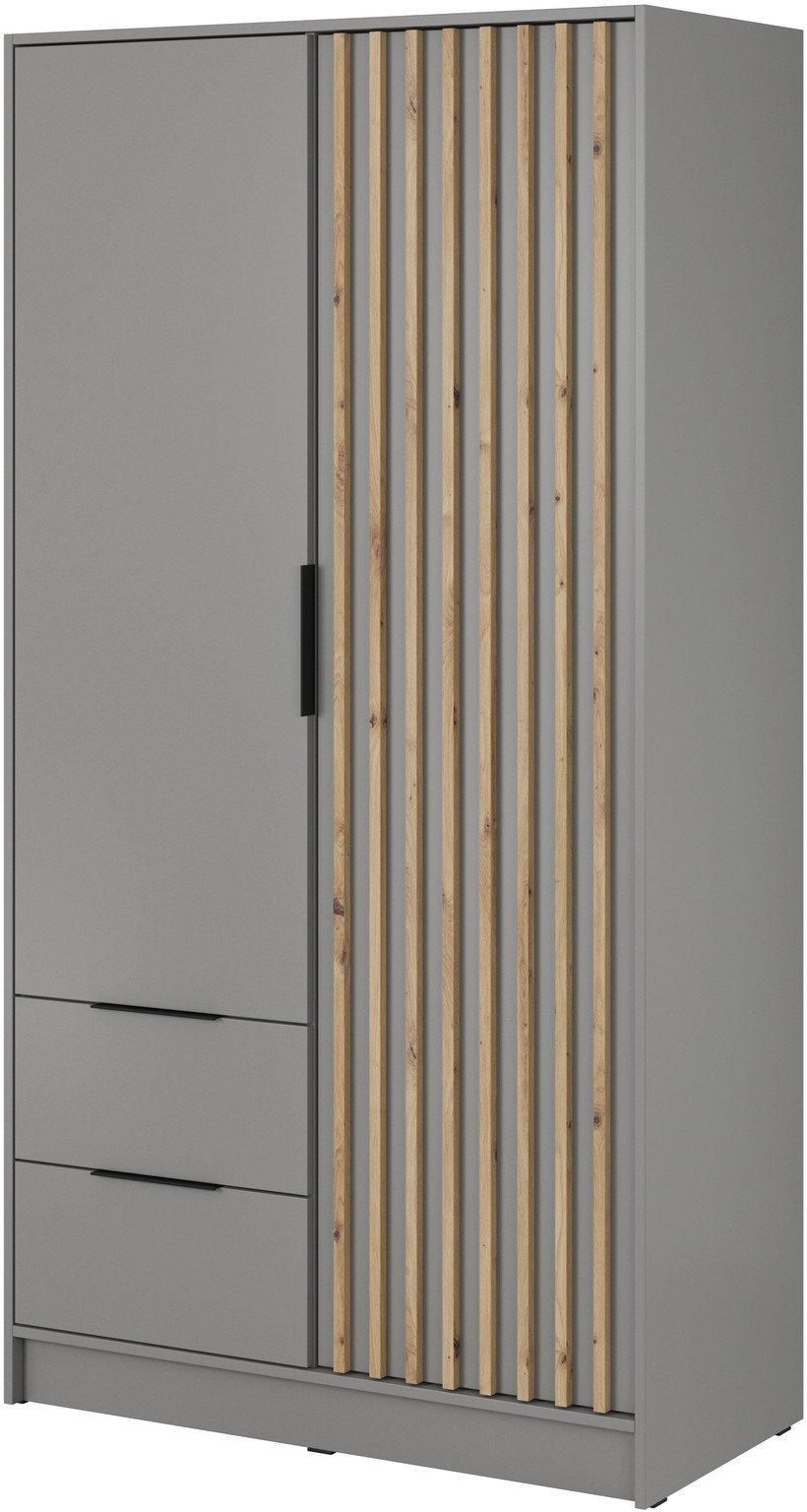 Szafa Stilo w kolorze szarym dwudrzwiowa z szufladami i lamelami na froncie