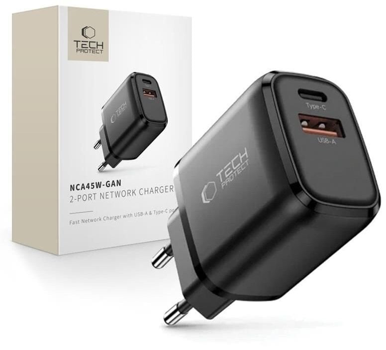Ładowarka Tech-Protect Ładowarka sieciowa NCA45W-GAN USB-A, USB-C Network Charger PD 45W / QC3.0 Black