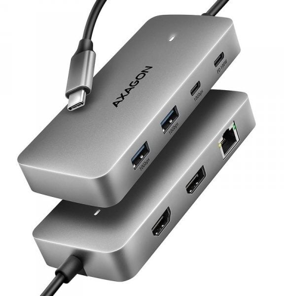 HUB USB Axagon HMC-CUB83X2, USB 10Gbps hub, 2x USB-A, USB-C, HDMI & DP 4k/144Hz, RJ-45 GLAN, PD 100W, kabel USB-C 15cm