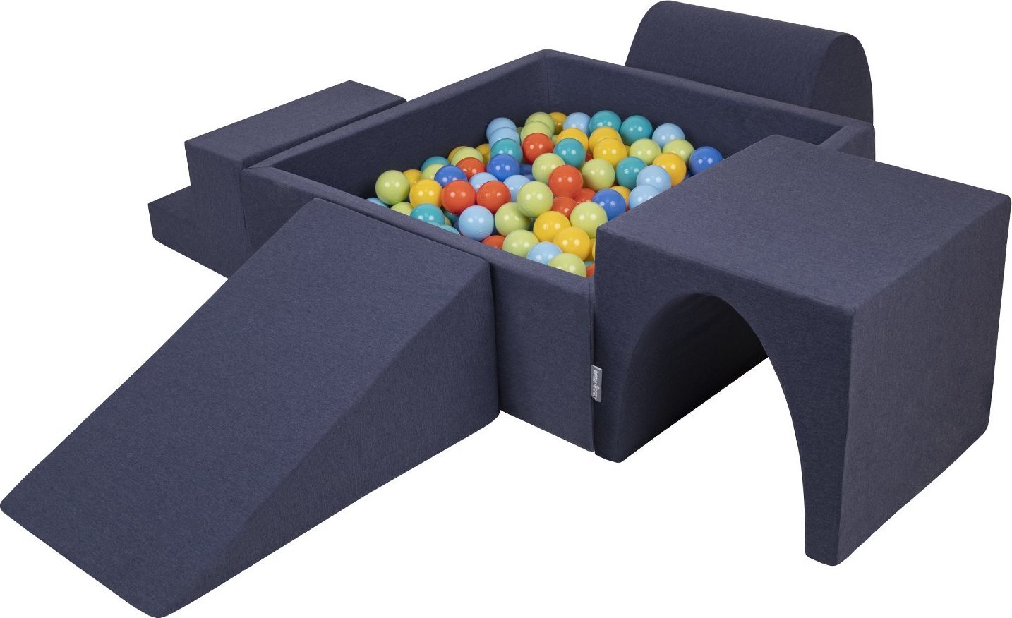 KiddyMoon Piankowy plac zabaw PPZP-KW30D-125 z piłeczkami granatowy: jasny zielony-pomarańcz-turkus-niebieski-babyblue-żółty basen 200/klin L/górka/tu