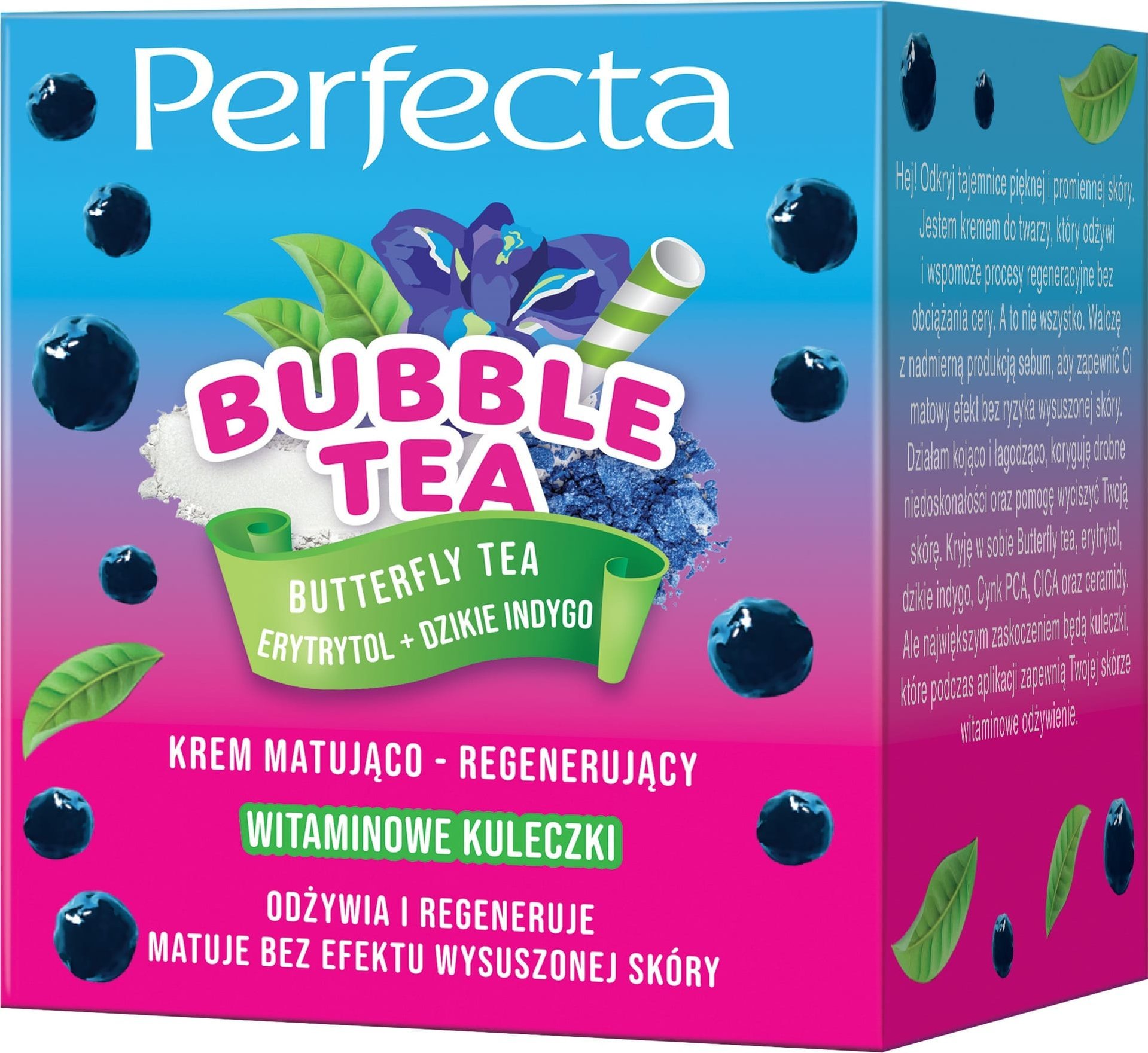 DAX PERFECTA Bubble Tea Krem do twarzy matująco-regenerujący Butterfly Tea, Erytrytol + Dzikie Indygo 50 ml