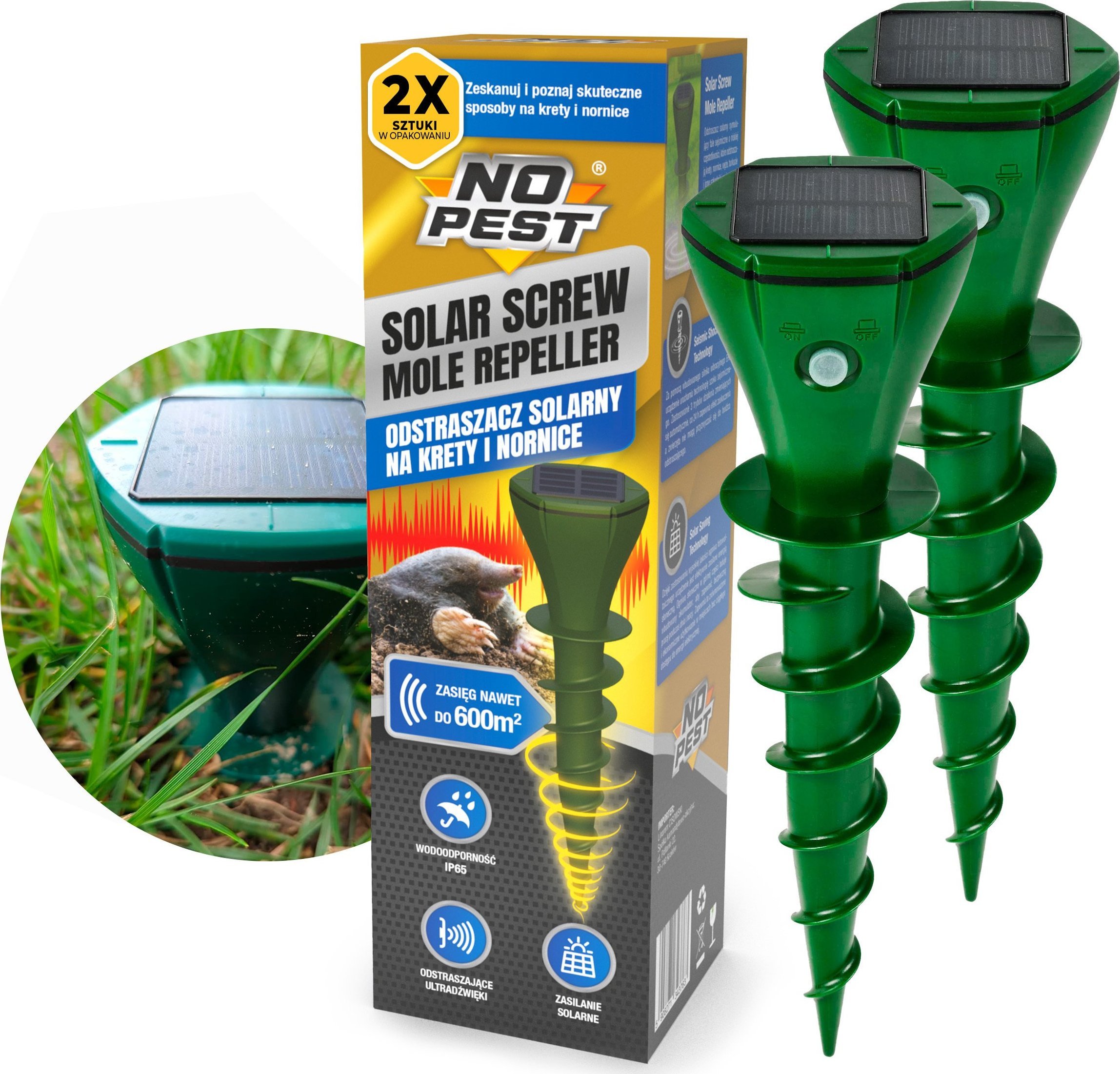 NO PEST Solarny Ultradźwiękowy Odstraszacz Kretów (2 szt) Solar Screw Odstraszacz na Krety Nornice Węże do 600 m