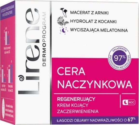 Lirene Lirene, Cera Naczynkowa Regenerujący Krem kojący zaczerwienienia noc, 50 ml - Długi termin ważności!