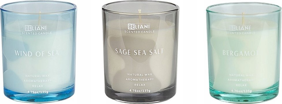 Beliani 3 świece zapachowe sojowe bergamotka/ morska bryza/ szałwia z solą morską SHEER JOY