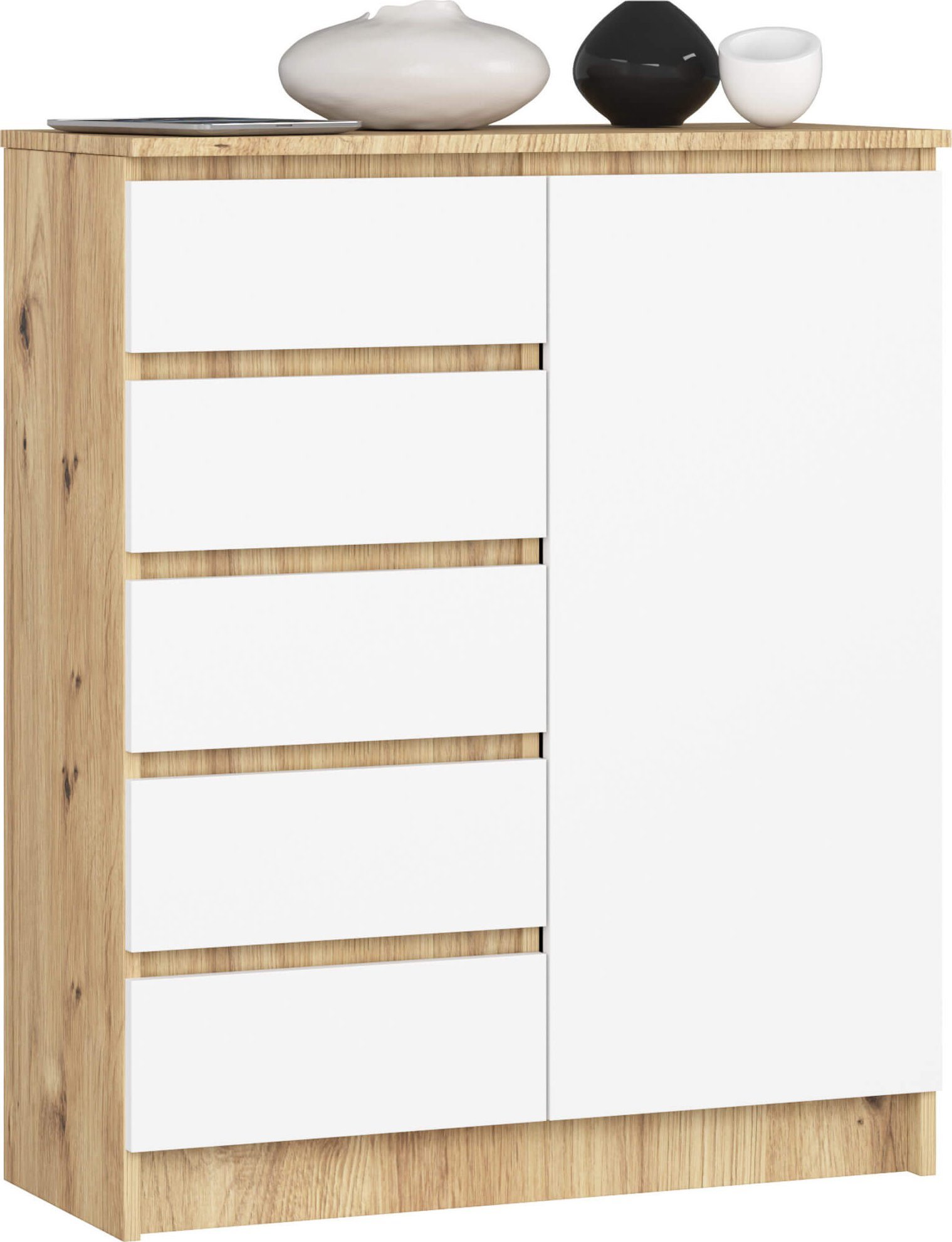 Fabryka Mebli Akord Komoda do salonu 80 cm 1 drzwi 5 szuflad 3 półki - dąb artisan-biała