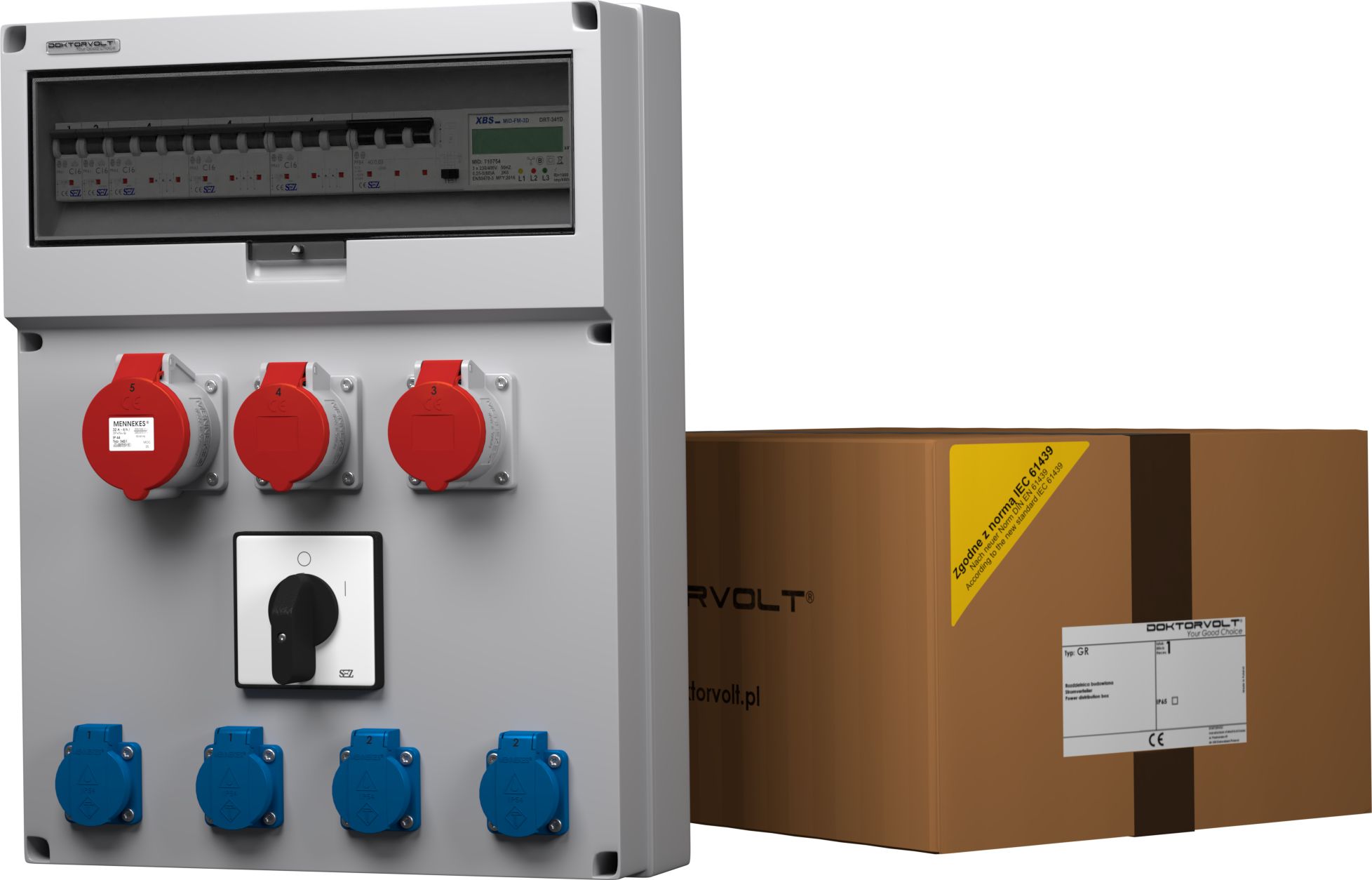 Doktorvolt Rozdzielnica budowlana z łącznikiem i licznikiem zużycia energii GR-S/FI 32A 2x16A 4x230V Schuko Mennekes Doktorvolt 9108