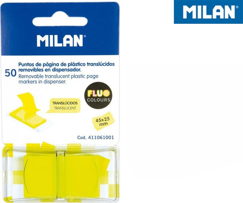 Milan INDEKSY TRANSPARENTNE MILAN FLUO ŻÓŁTE 45 X 25 MM 50 SZT.